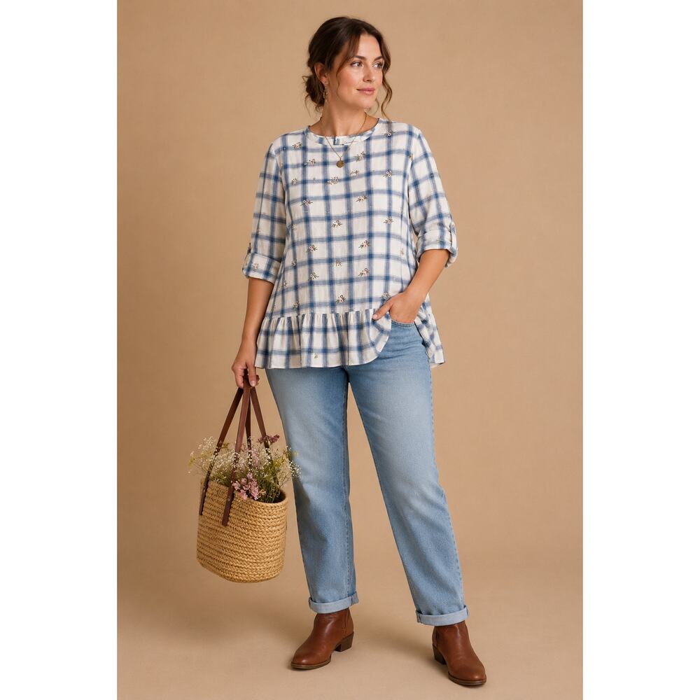 Floral Embroidered Peplum Top White Blue Plaid Cottagecore 2X Shirt Blouse